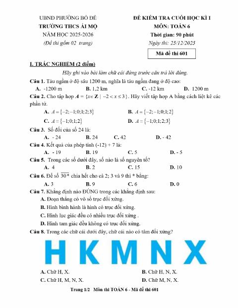 Đề thi Học kì 1 Toán 6 năm 2025-2026 trường THCS Ái Mộ (Hà Nội)